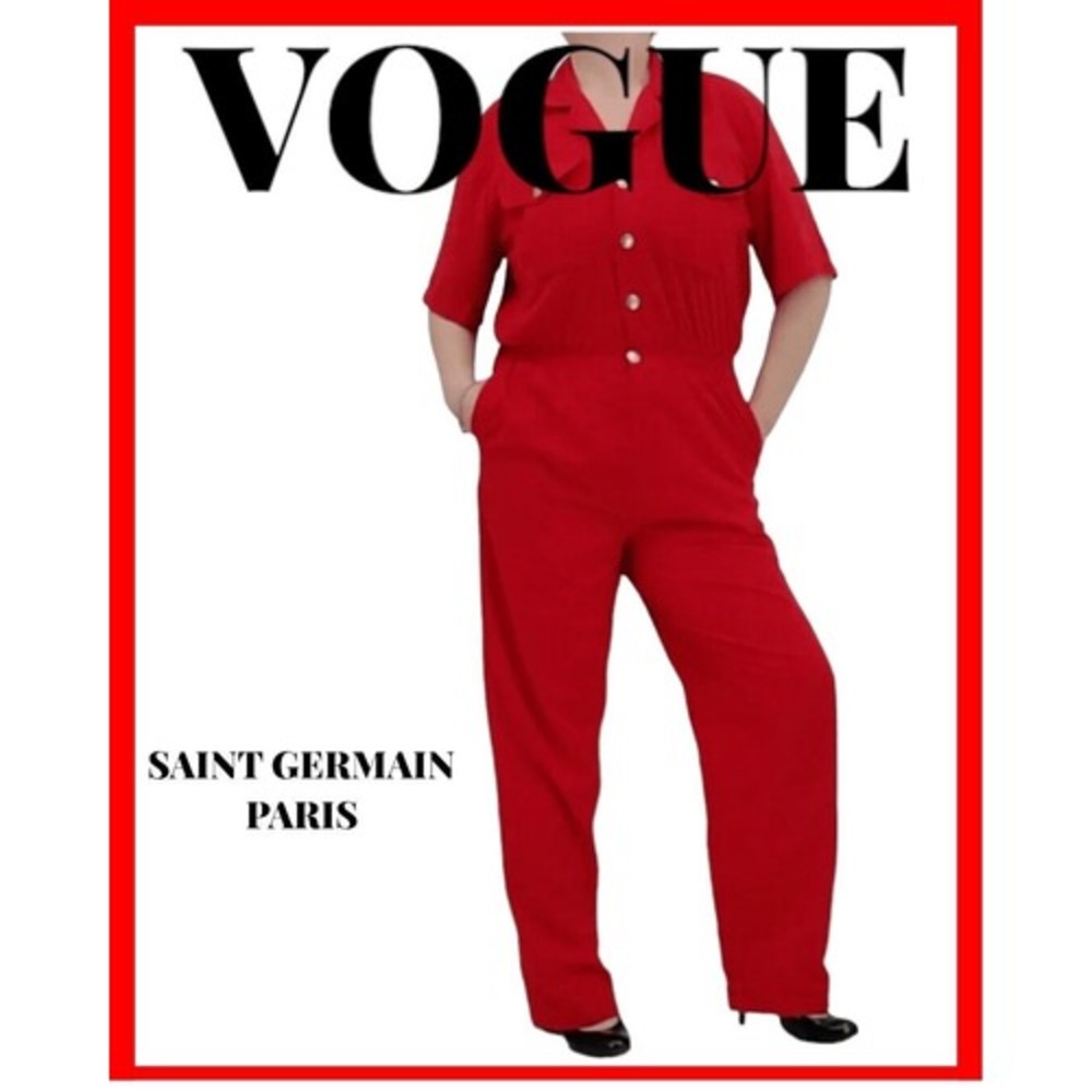 Vtg Saint Germain Paris Red Vintage Jumpsuit Short Sleeve Elastic Waist XL TPB34